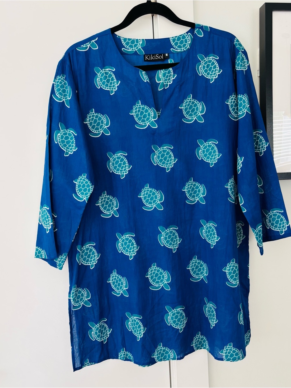 KikiSol 100% cotton turtle print tunic size M blue and turquoise resort wear